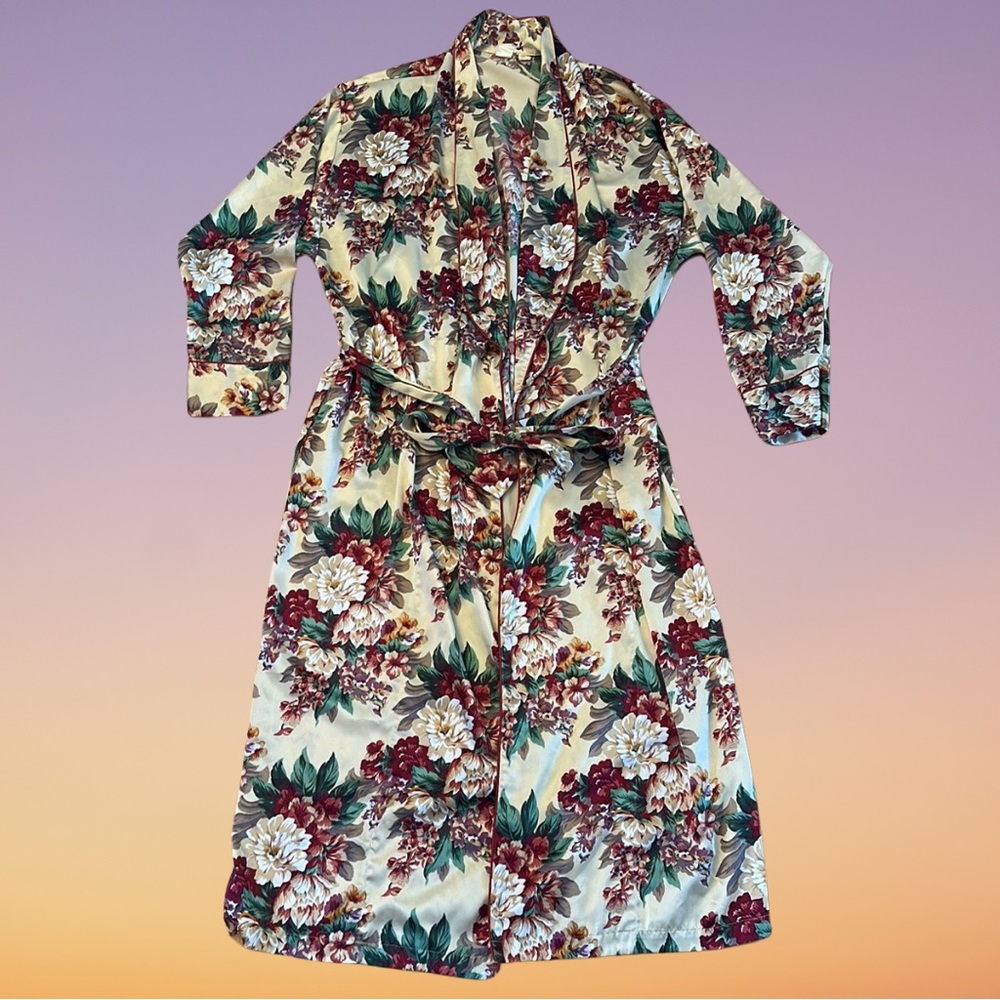 Vintage 80s Victoria Secret Venetian Style Floral Robe Kimono Tie Waist Size M/L